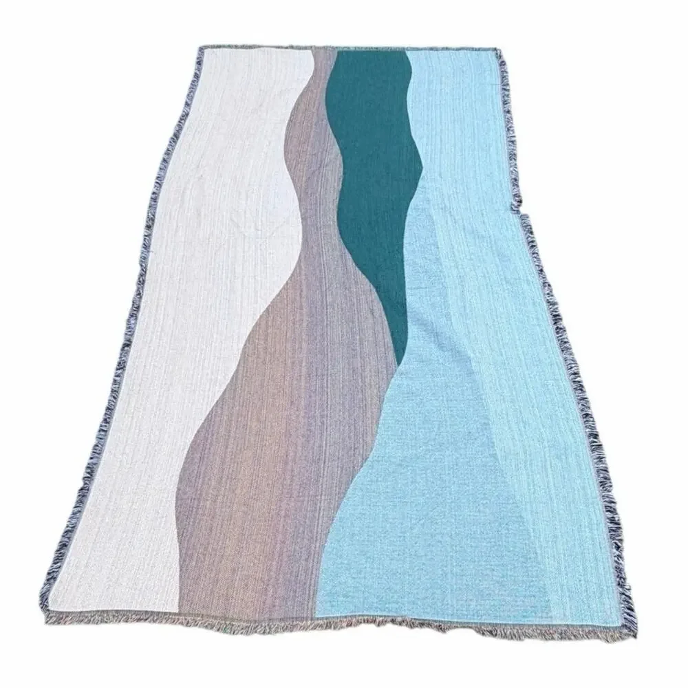 Cotton threaded woven tapestry blanket bedding 70x128 inches waves earth tones